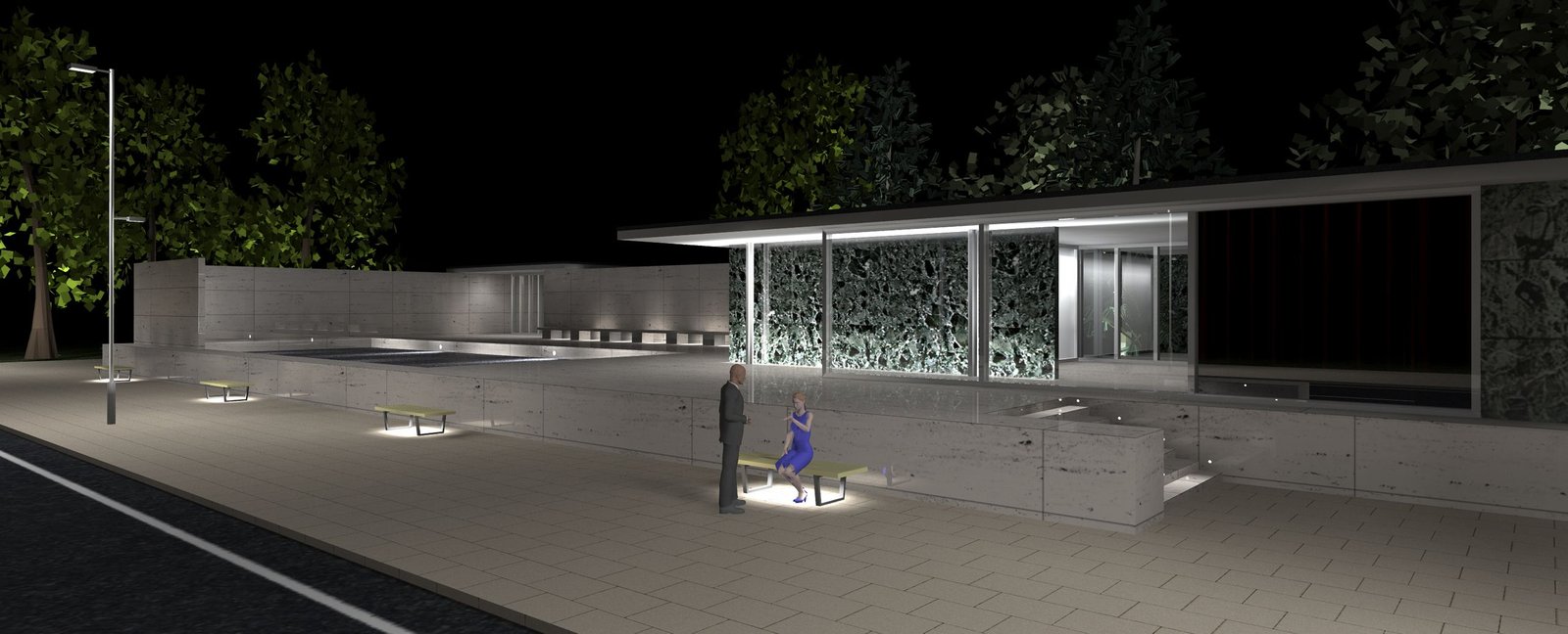 AGi32 electric lighting simulation of the Mies van der Rohe Barcelona Pavilion at night